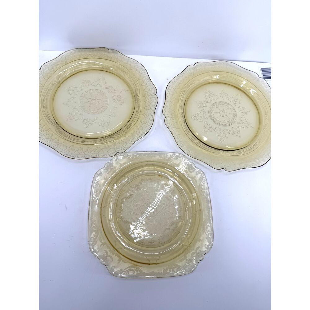Vintage Depression Style Yellow Glass Plates Set 3 Embossed Scroll Scalloped